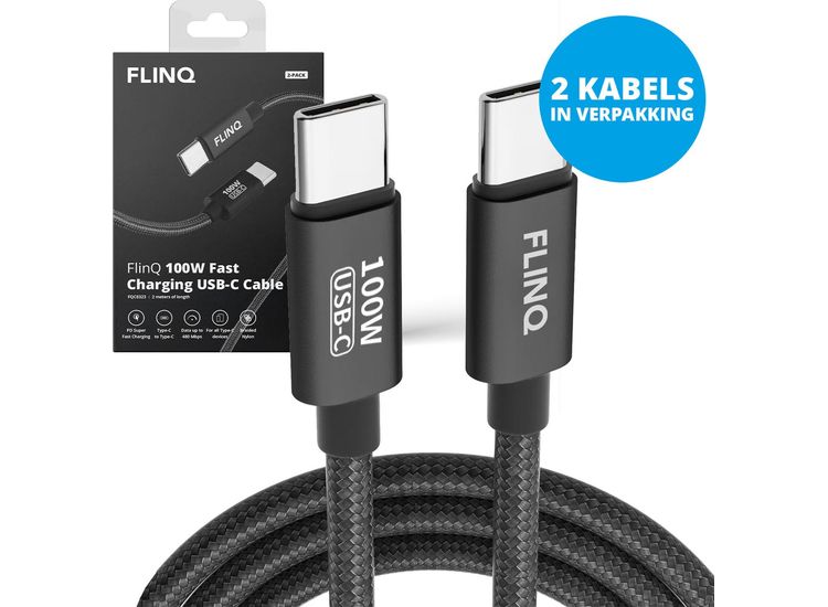 2 FlinQ 100W Snellader USB C Oplaadkabels - USB C naar USB C - 2 Meter afbeelding