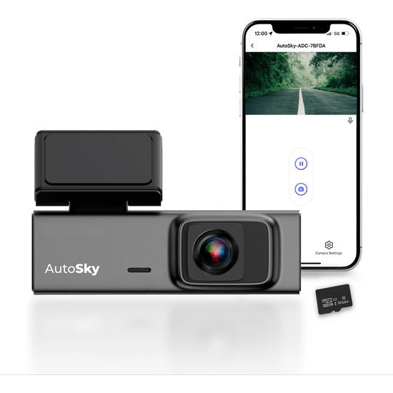 AutoSky 2K WiFi Dashcam met Groothoeklens en 32GB Geheugenkaart