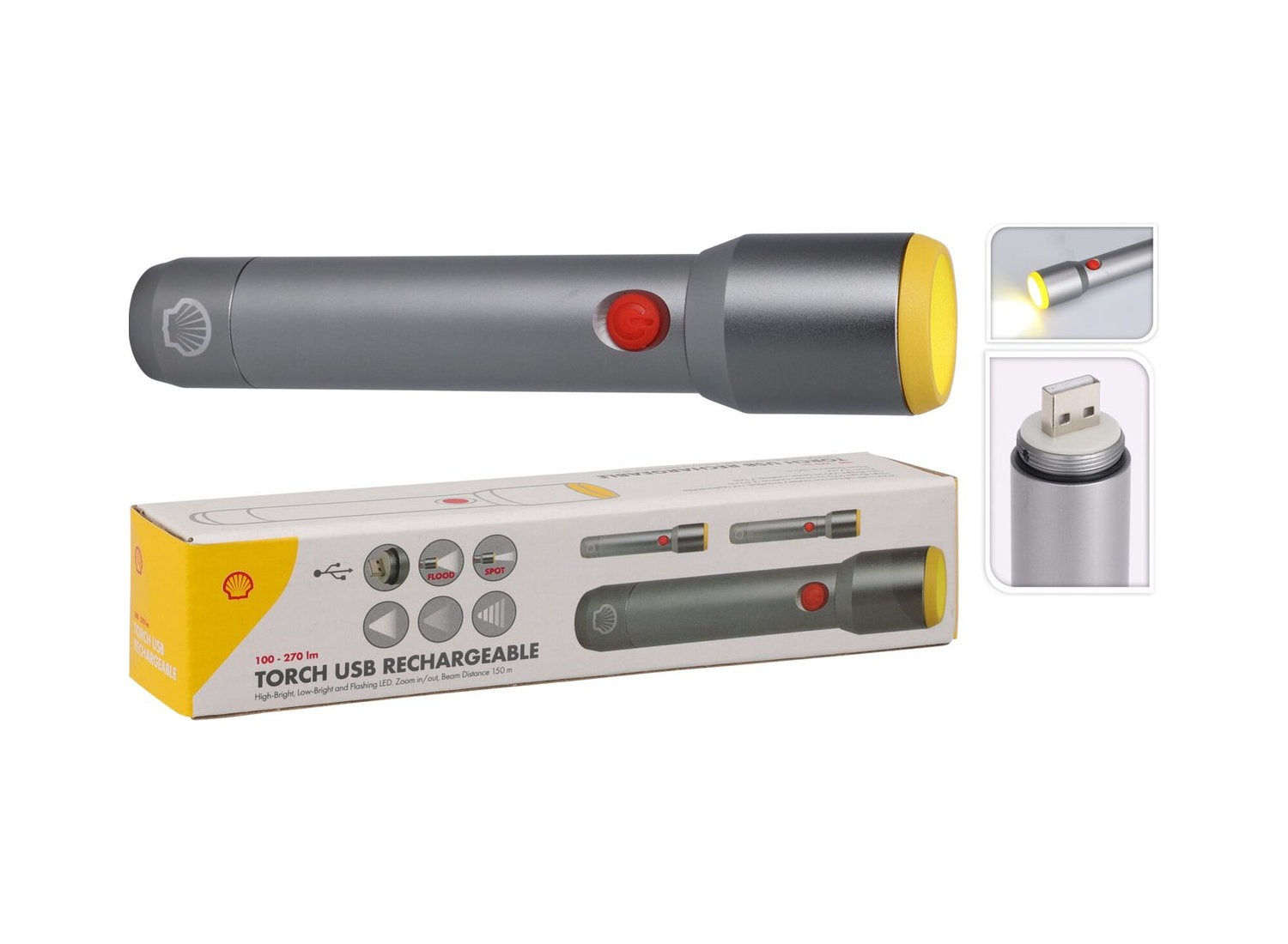 Shell Zaklamp Oplaadbaar LED - 270 Lumen - USB - IP55 - 3 Standen