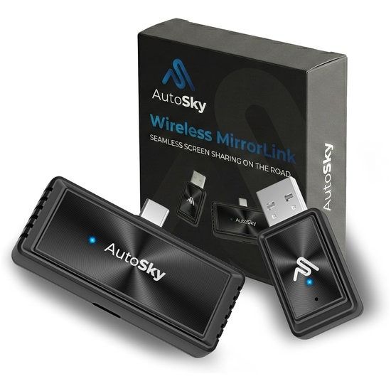 AutoSky Mirror-Link AIR PRO draadloze schermspiegelingsadapter voor bedrade CarPlay, USB-C-telefoon vereist, DisplayPort (DP-Alt) compatibel, apps draadloos streamen