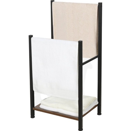 Niceey Handdoekrek - 2 Armen met Opberg Plank - Metaal - Hout - Zwart