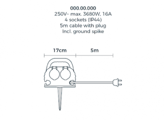 Tuinstekkerdoos met grondpin - 4 Stopcontacten - 5m Kabel