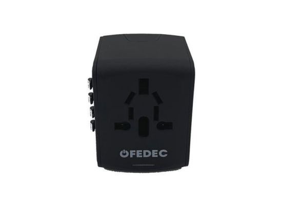 Fedec Universele Wereldstekker met 4 USB Poorten - Internationale Reisstekker voor 150+ landen - Zwart	