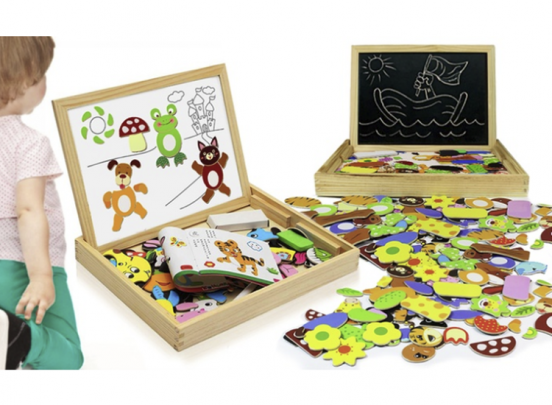 Magnetische Dieren Puzzel & Krijtbord - Alles in 1 Houten Speelbox - Multifunctioneel - 100 stukken