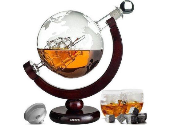 Whiskey Decanteerkaraf - Wereldbol - Luxe Whiskey Karaf Set - L - Incl. 8 Whisky Stones & Schenktuit Dealdonkey