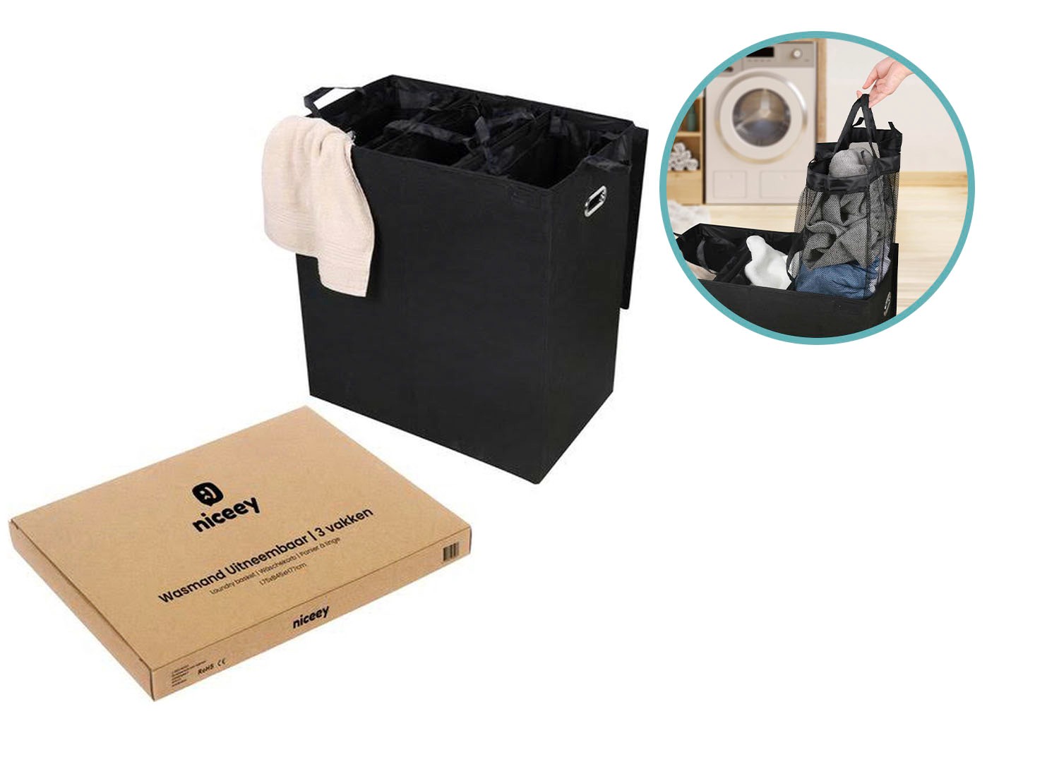 Niceey wasmand 3 vakken met uitneembare zakken 120L - zwart