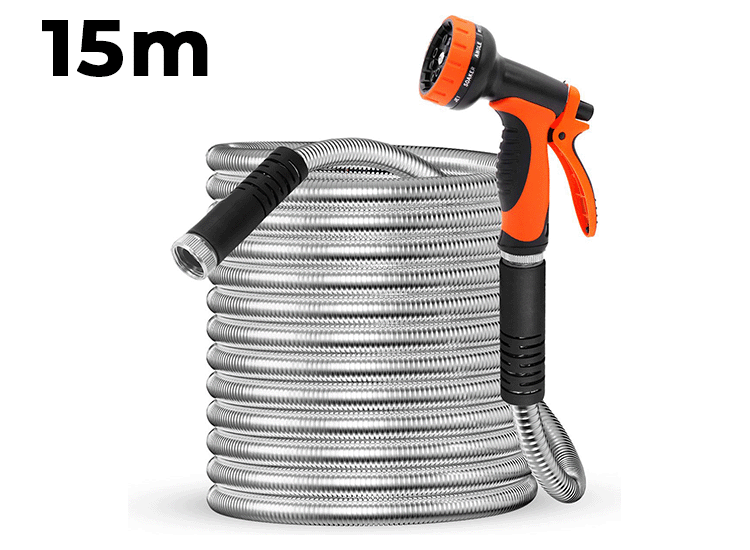 FlinQ RVS Flexibele Tuinslang - 15 meter - Waterslang met Sproeikop afbeelding