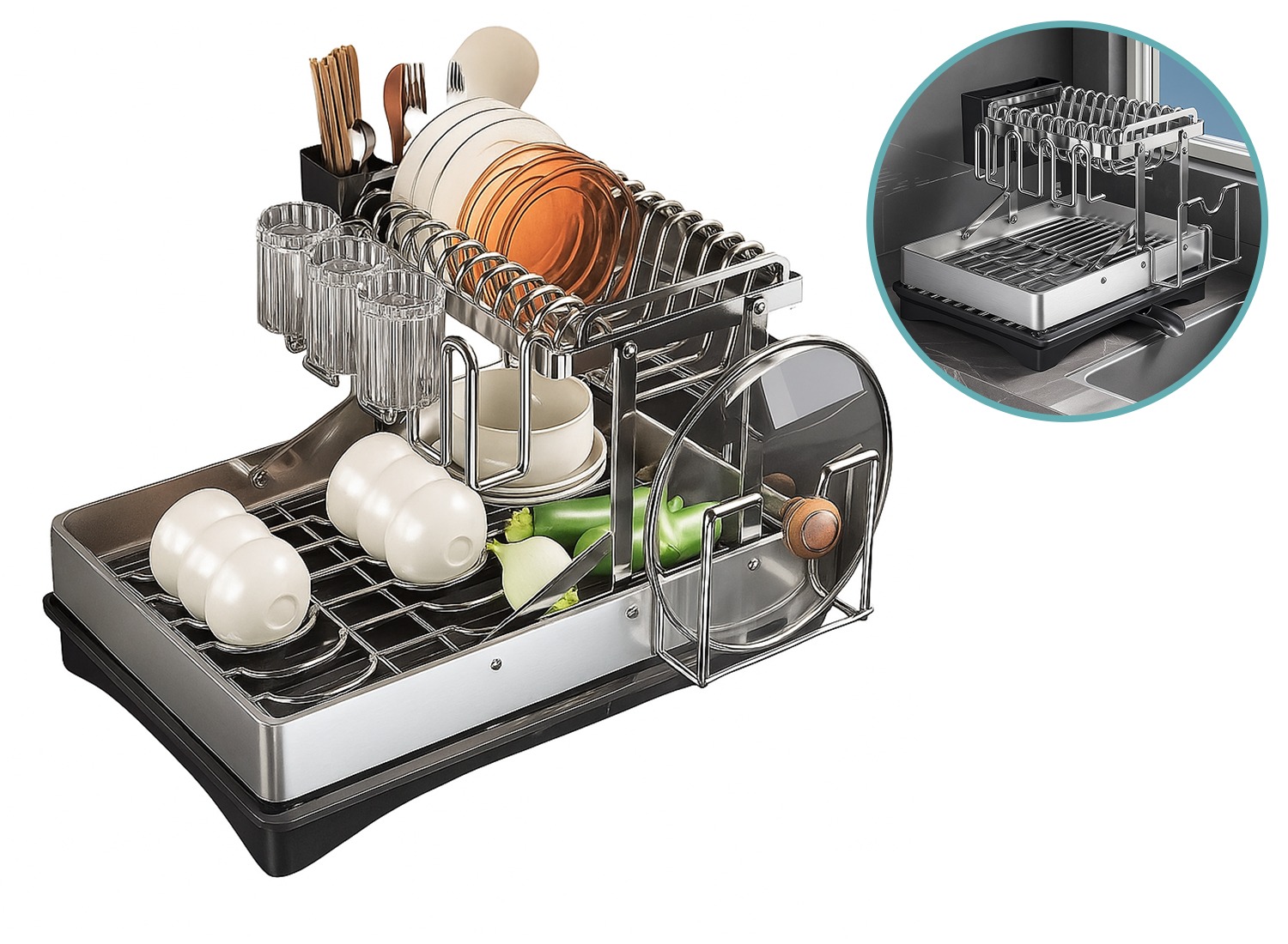 FEDEC Inklapbaar Afdruiprek met lekbak - 2-Laags - bestekbak - Zwart/Zilver