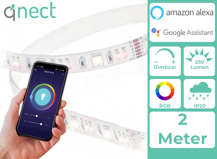 Qnect Slimme Wi-Fi LED Strip - 2M Verlengbaar - RGB + Wit afbeelding