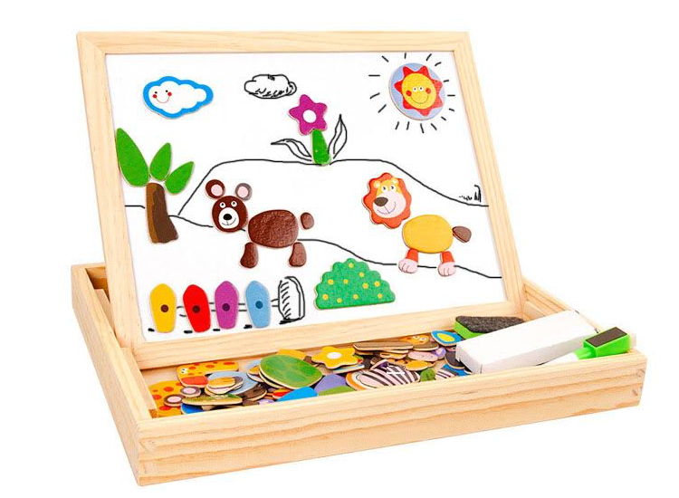 Magnetische Dieren Puzzel & Krijtbord Alles in 1 Houten Speelbox Multifunctioneel 100 stukken