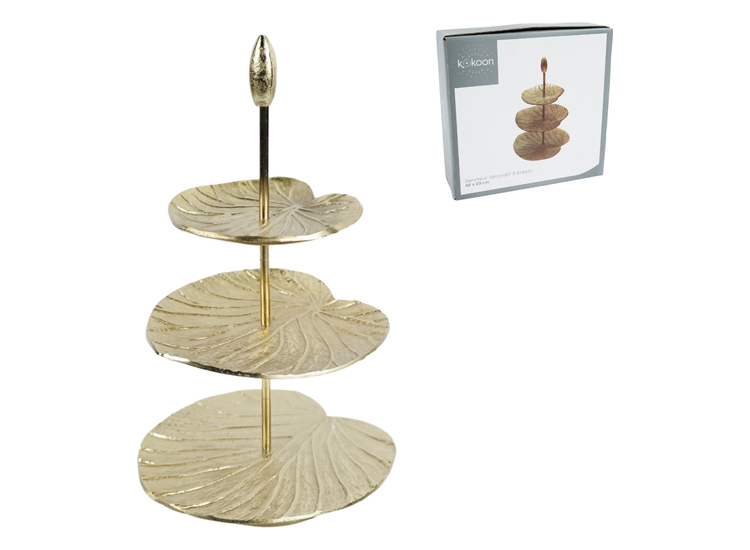 Kokoon etagère goudkleurig 42 cm - serveerplateau - decoratieve serveerplanken 3 lagen - metalen etagere