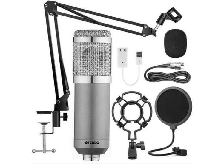 Fedec USB microfoon - Zilver - Inclusief statief, plofkap en popfilter