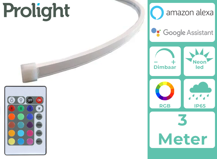 Prolight Neon LED-Strip - Multicolour - 3 Meter - Met Afstandsbediening - Waterdicht (IP65)