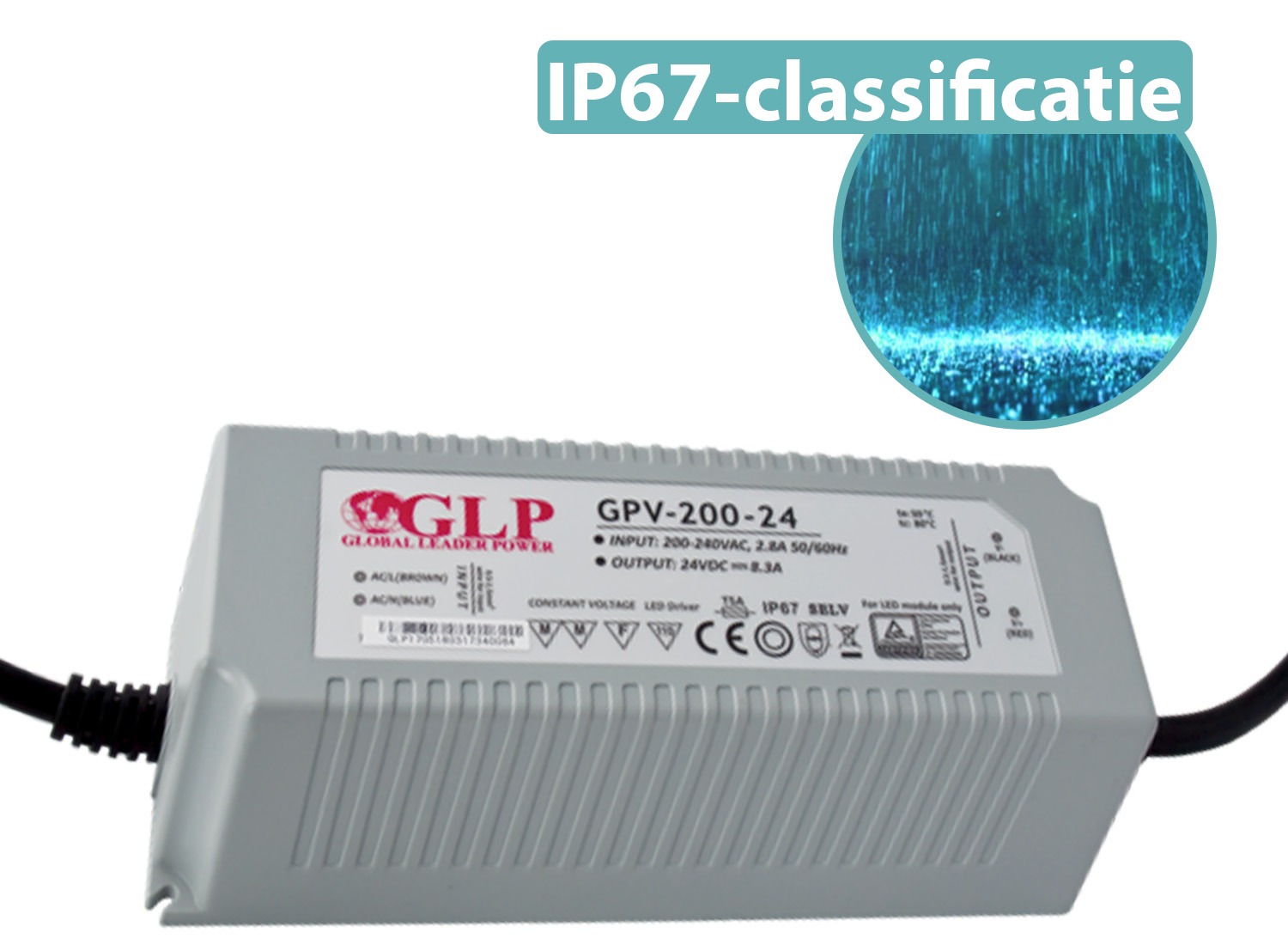 GLP LED voeding 200 watt 24 volt 8,33 Ampère - IP67 waterdicht - GLP GPV-200-24