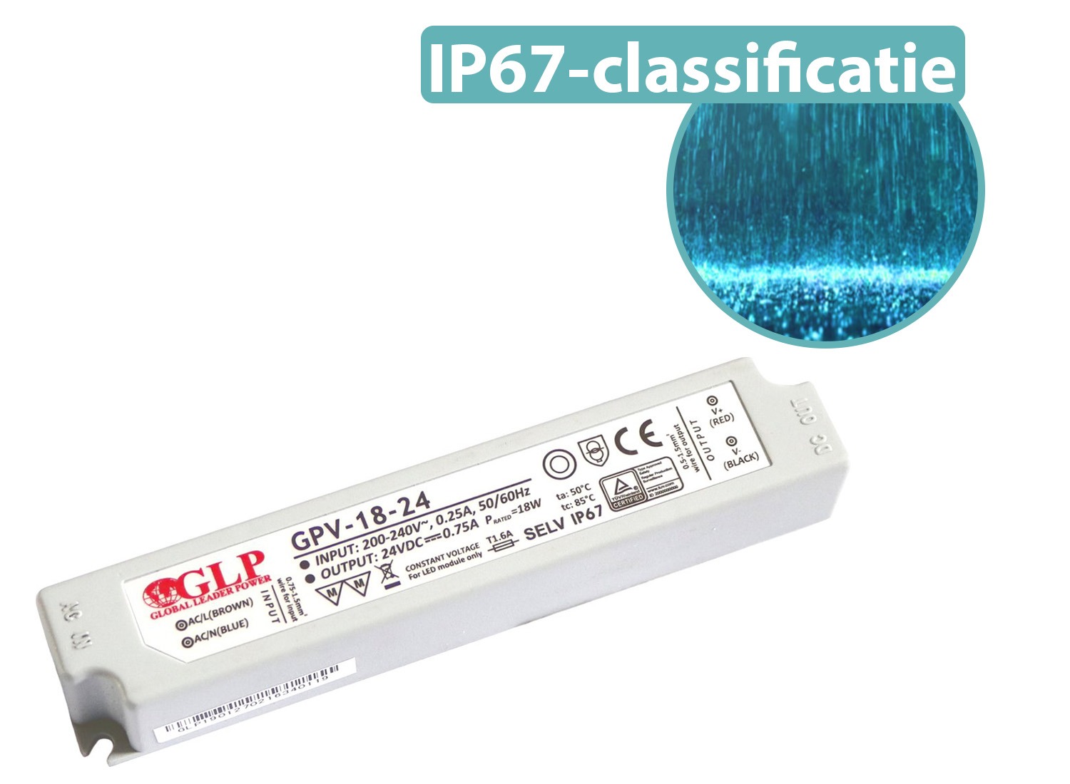 GLP 24 volt 18 watt 0,75 ampere LED voeding waterdicht afbeelding
