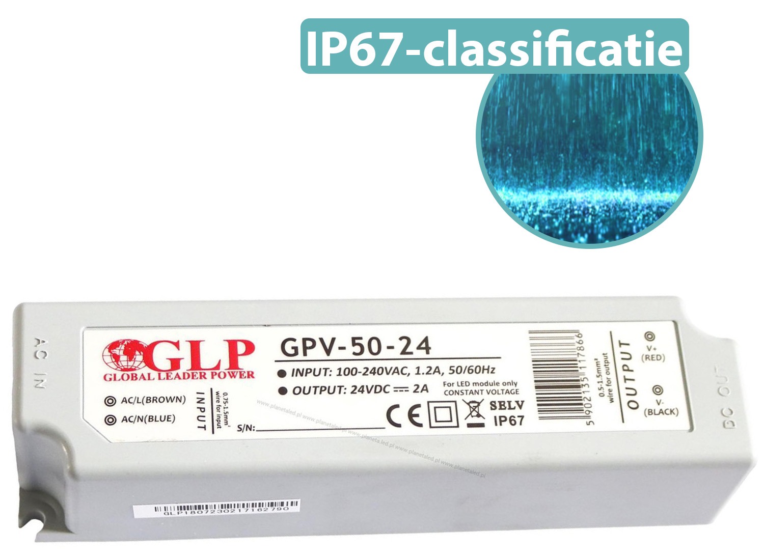 GLP LED voedingsadapter - 24V 48W 2A - IP67 Waterdicht afbeelding