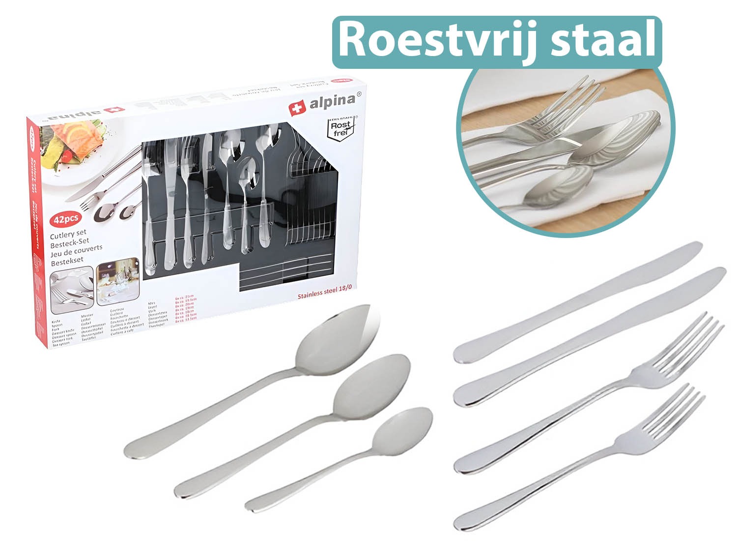 alpina Bestekset 6 Persoons - 42-delig - Vaatwasserbestendig - RVS/ Zilver (2de Kans Deal)