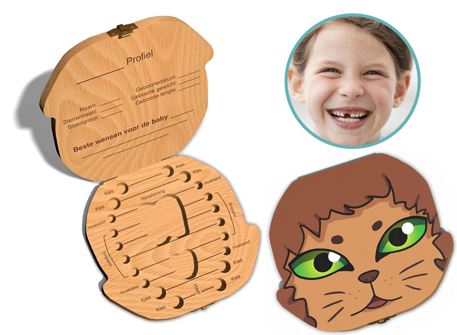Tandendoosje met naam - Leeuw - Hout afbeelding