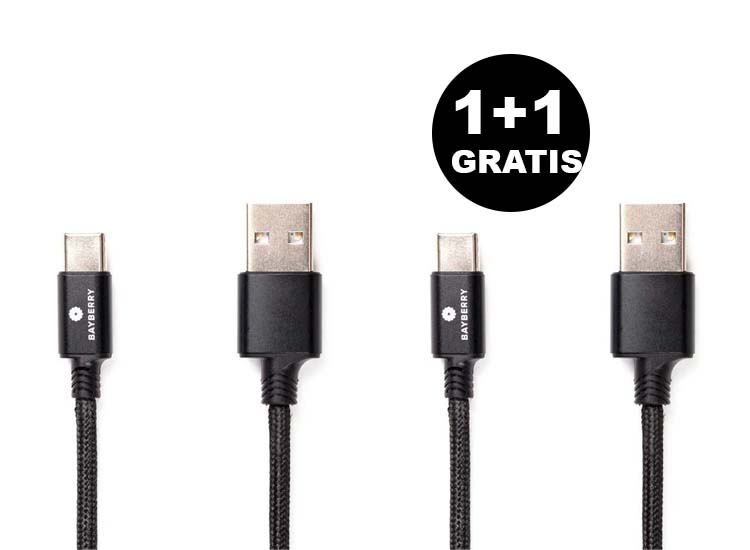Bayberry USB-c Snellader kabel CA-UUC-2000 - 2 Meter - 12W - Zwart - 1+1 Gratis