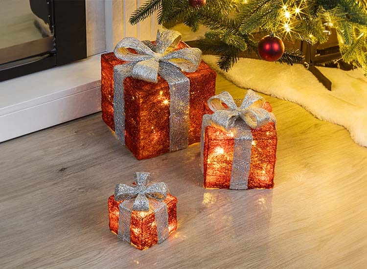 Hi Led Geschenkdoos - 3 Delig - 3 Maten - Rood Met Zilvergrijze Strik afbeelding