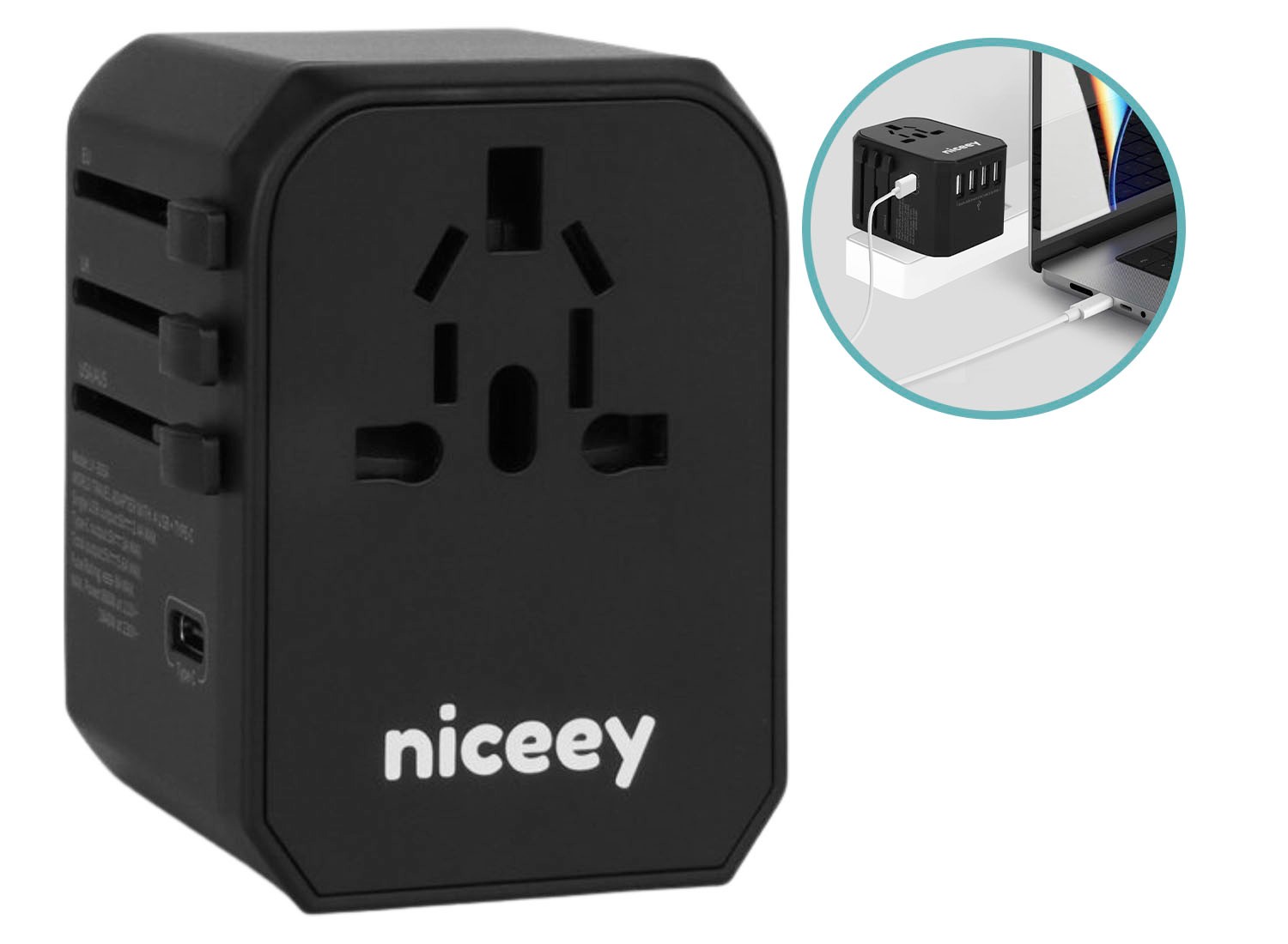 Niceey universele wereldstekker 2000W met 4x USB-A en 1x USB-C